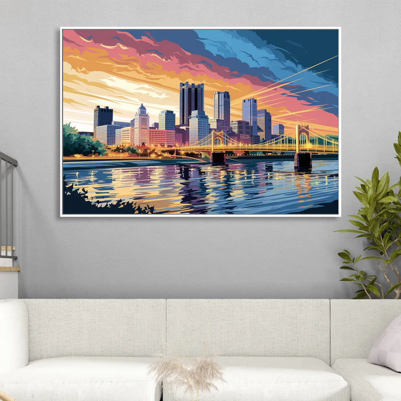 Pittsburgh Skyline At Sunset Living Room - White Canvas Wall Art
