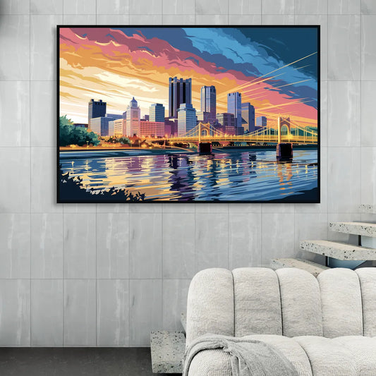 Pittsburgh Skyline At Sunset Living Room - Black Canvas Wall Art