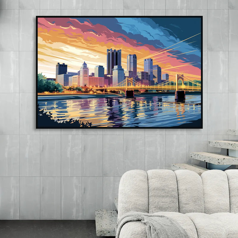 Pittsburgh Skyline At Sunset Living Room - Black Canvas Wall Art