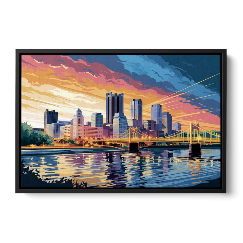 Pittsburgh Skyline At Sunset Front - Black Canvas Wall Art