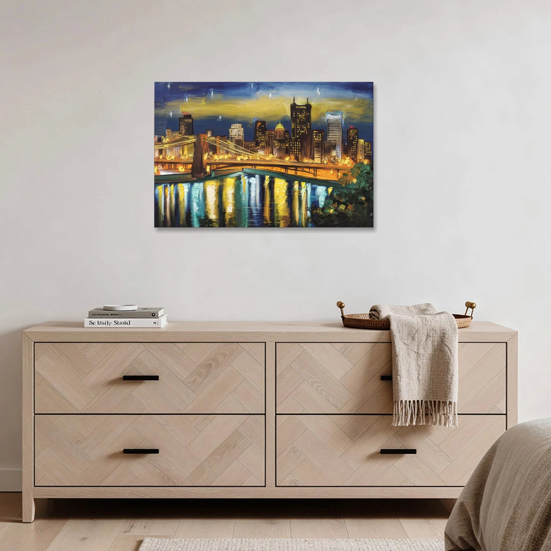 Pittsburgh Skyline With Rivers - Canvas Wall Art - Coffee Table - 36x24