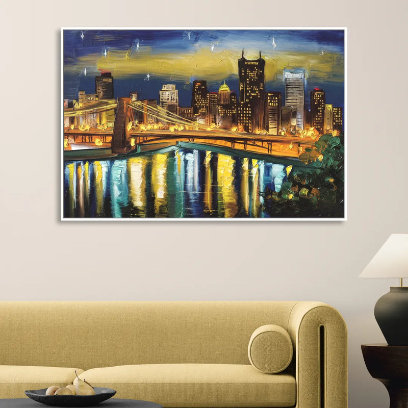 Pittsburgh Skyline With Rivers Sitting Room - White Canvas Wall Art