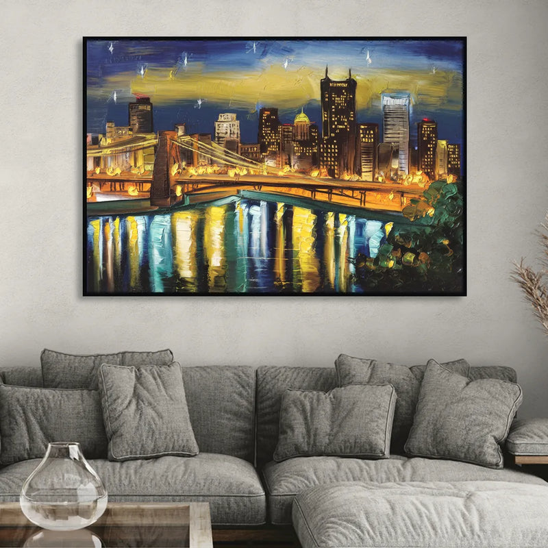 Pittsburgh Skyline With Rivers Sitting Room - Black Canvas Wall Art