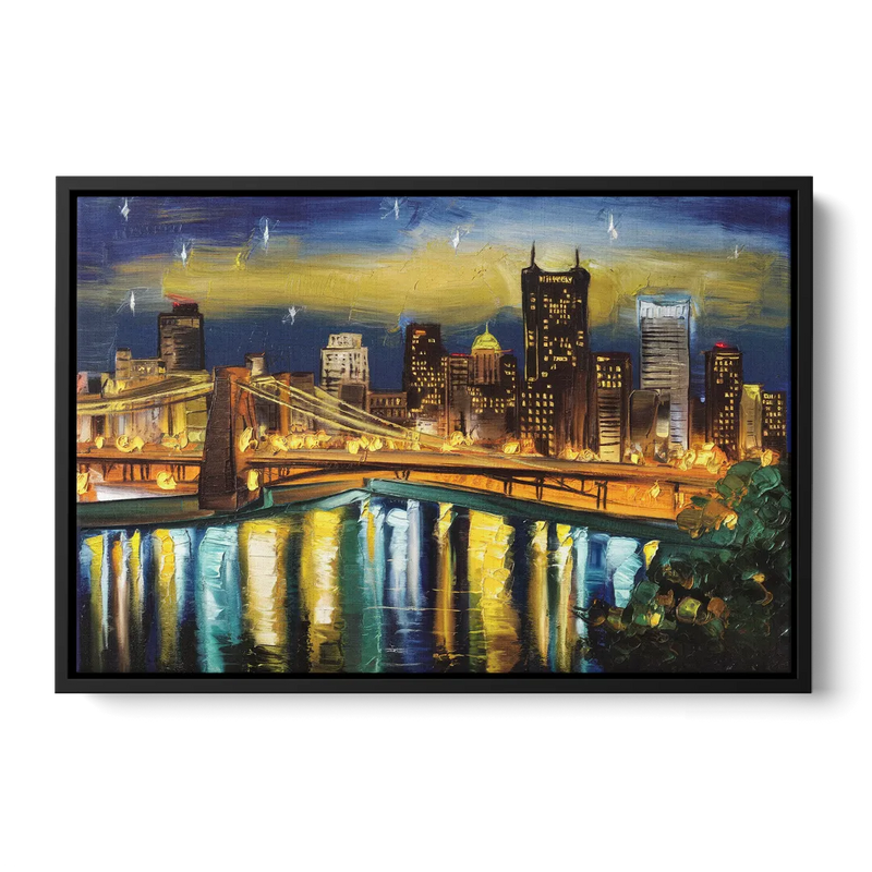 Pittsburgh Skyline With Rivers Front - Black Canvas Wall Art