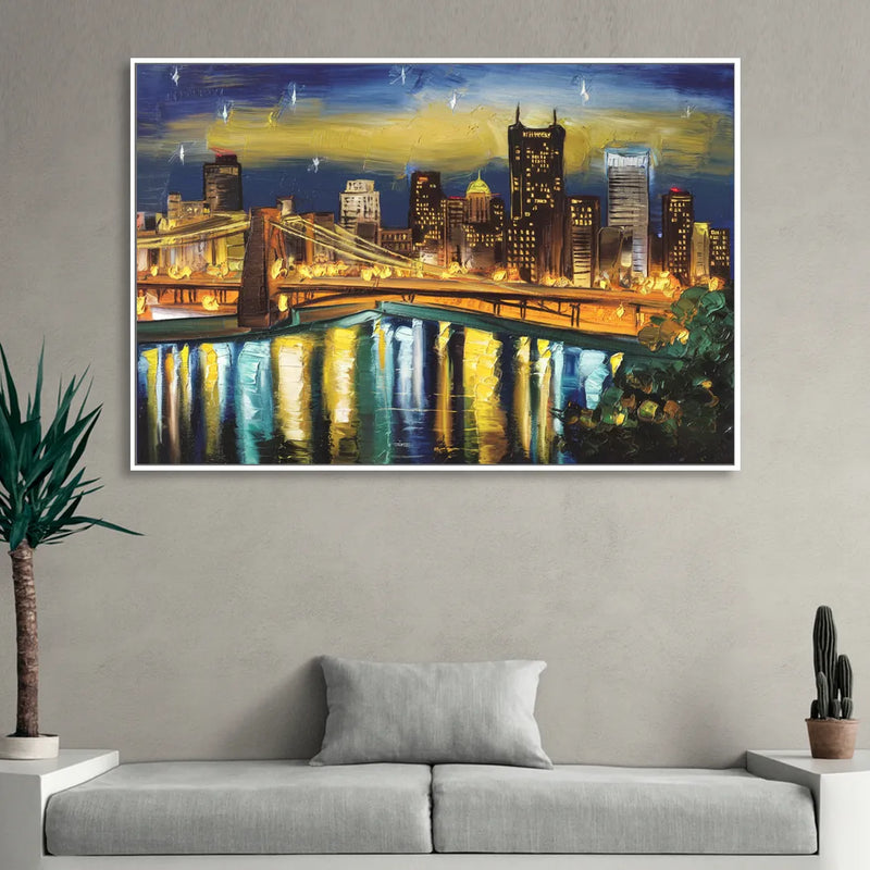 Pittsburgh Skyline With Rivers Living Room - White Canvas Wall Art