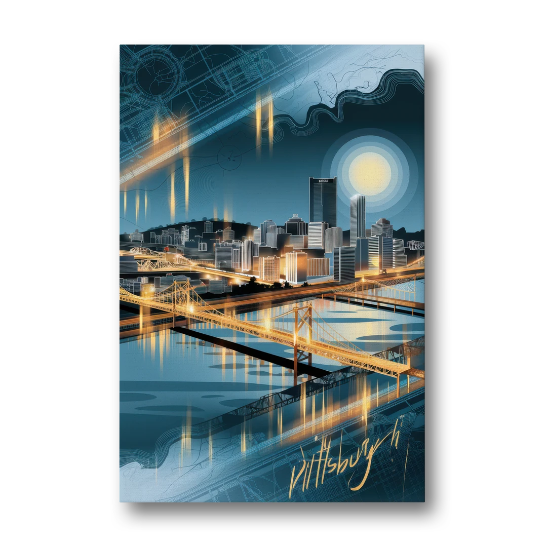 Pittsburgh Skyline and Map - Canvas Wall Art - Front