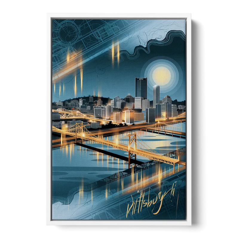 Pittsburgh Skyline and Map Front - White Canvas Wall Art