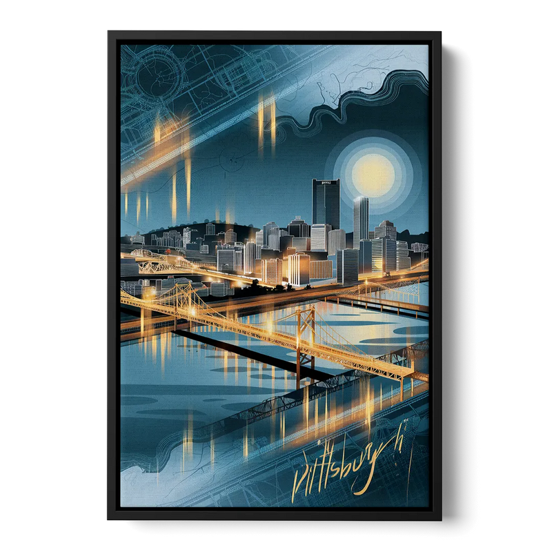 Pittsburgh Skyline and Map Front - Black Canvas Wall Art