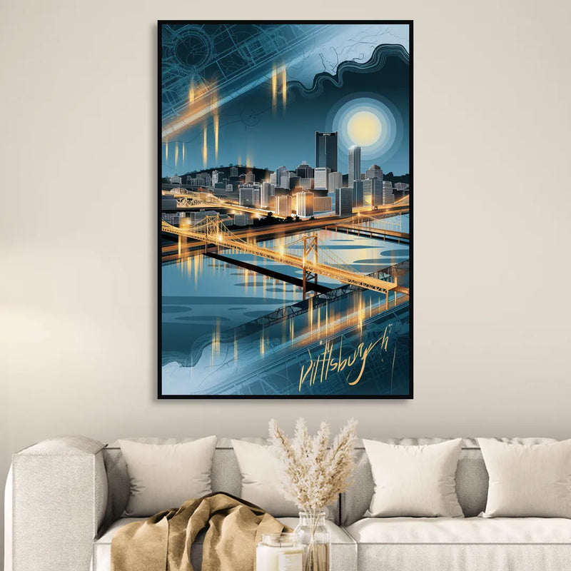 Pittsburgh Skyline and Map Living Room - Black Canvas Wall Art