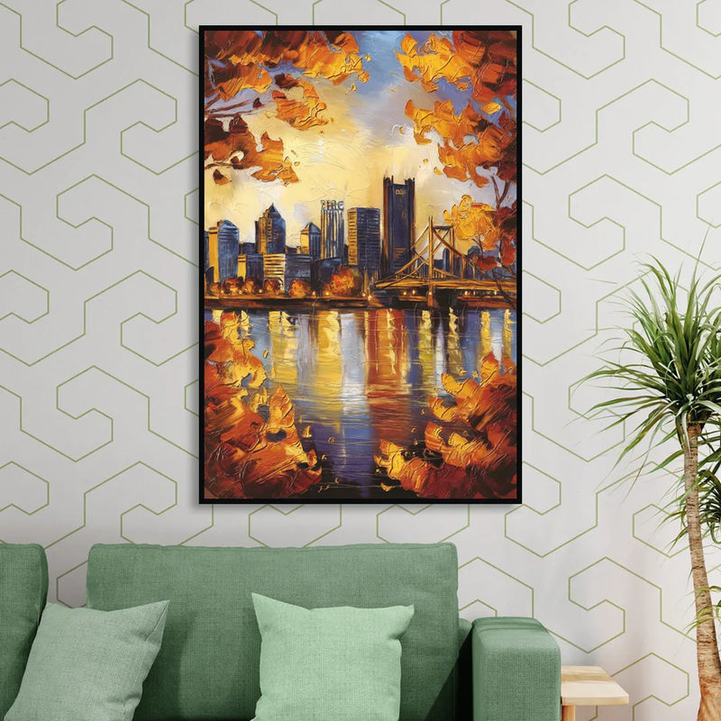 Pittsburgh Skyline in Autumn Living Room - Black Canvas Wall Art