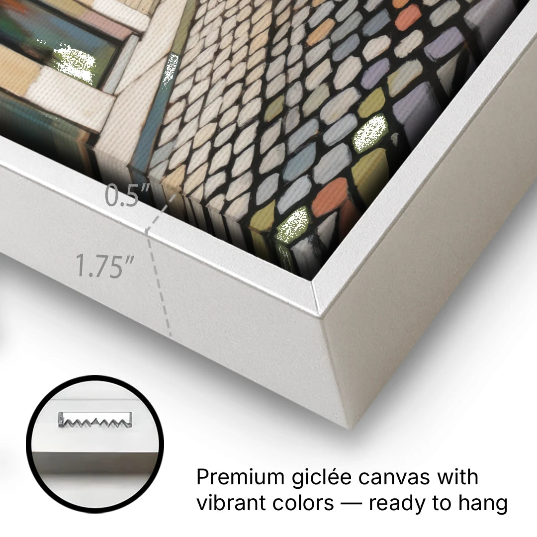 Place Royale Cobblestones - White Framed Canvas Wall Art - Gallery Wrap Corner