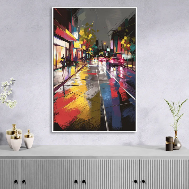 Plano Vibrant Streets Living Room - White Canvas Wall Art