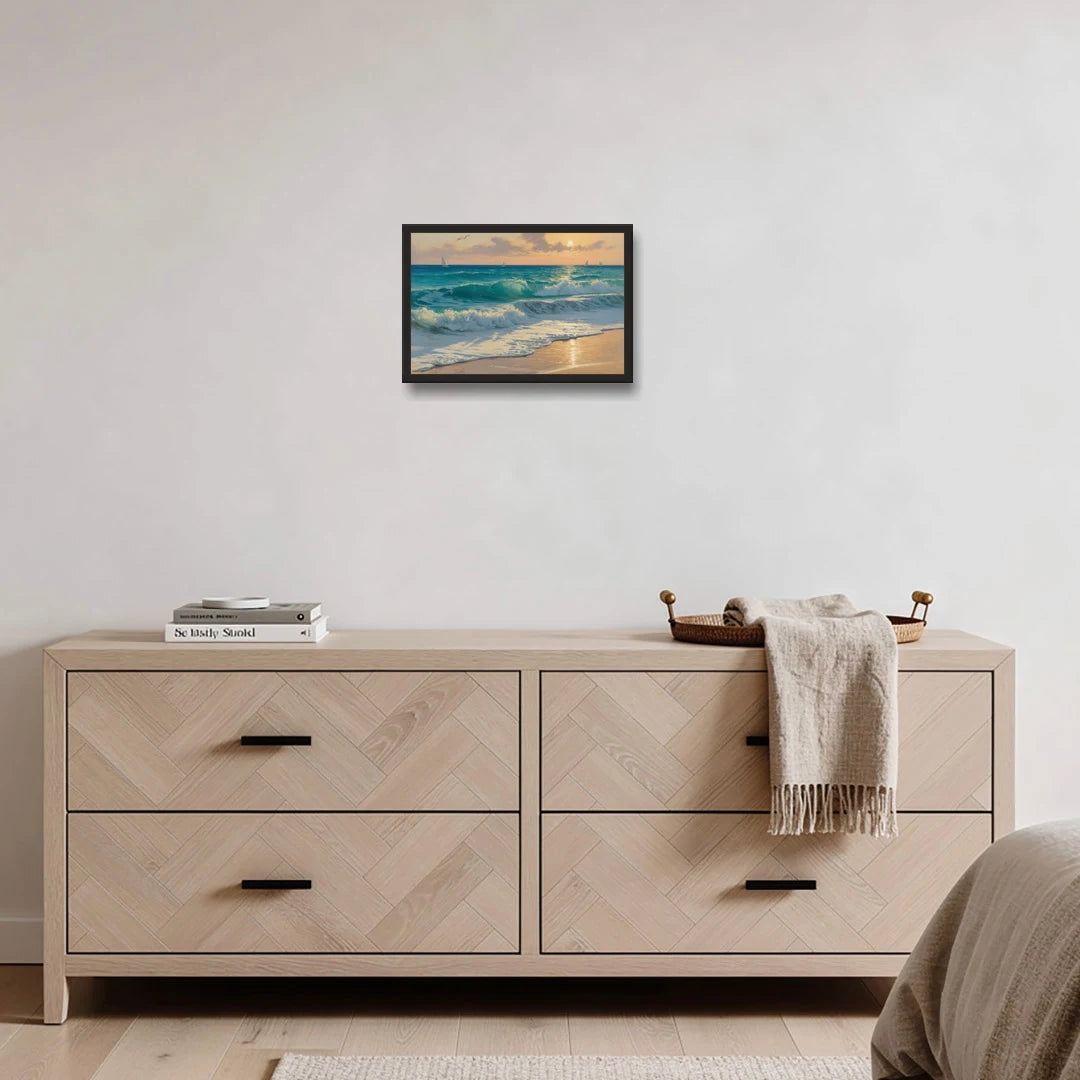 Playa Chac Mool Waves - Black Framed Canvas Wall Art - Coffee Table - 18x12