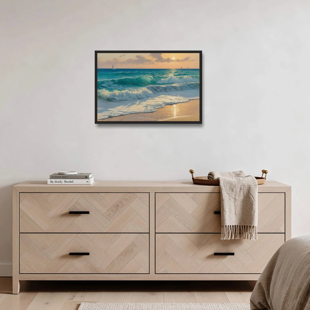Playa Chac Mool Waves - Black Framed Canvas Wall Art - Coffee Table - 30x20