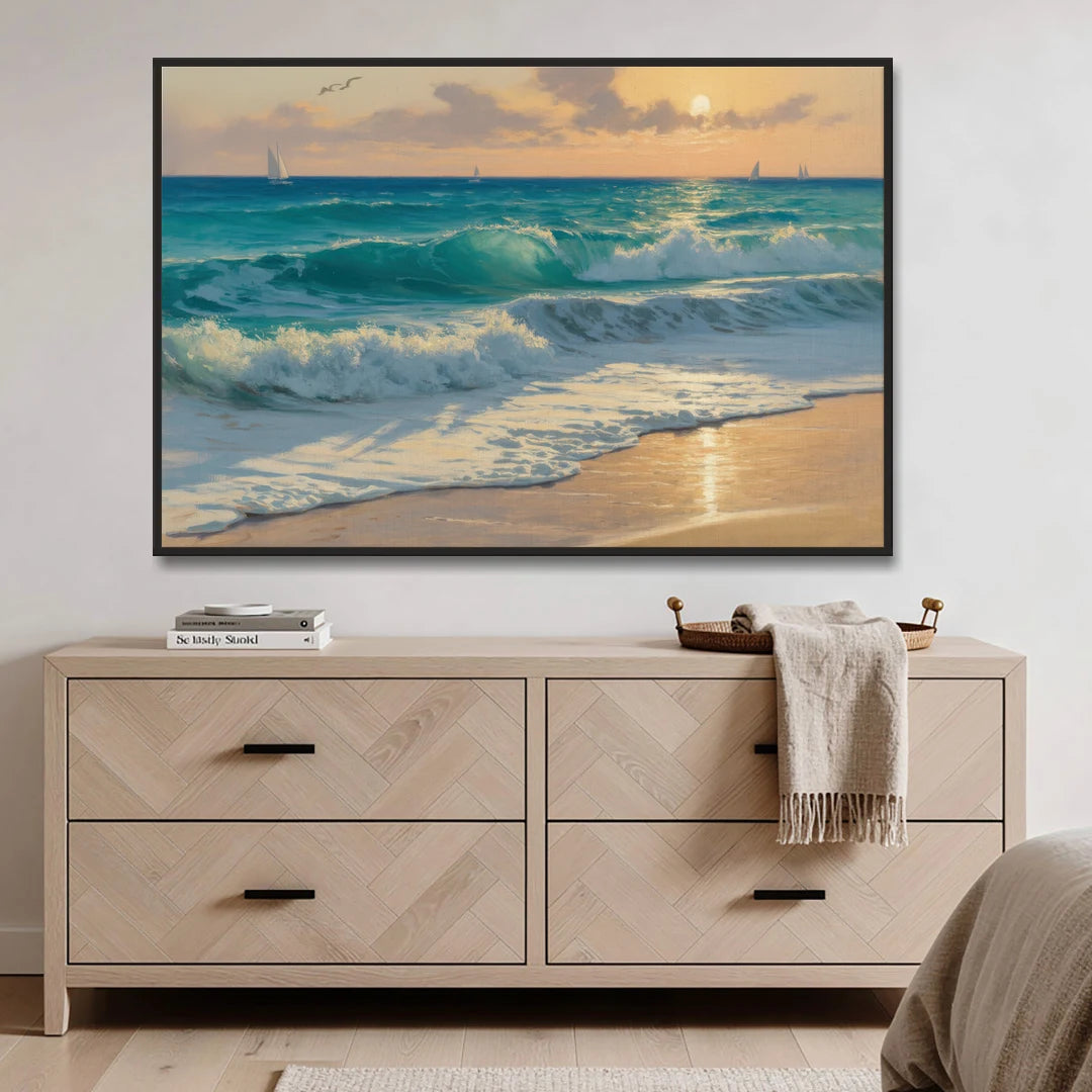 Playa Chac Mool Waves - Black Framed Canvas Wall Art - Coffee Table - 60x40
