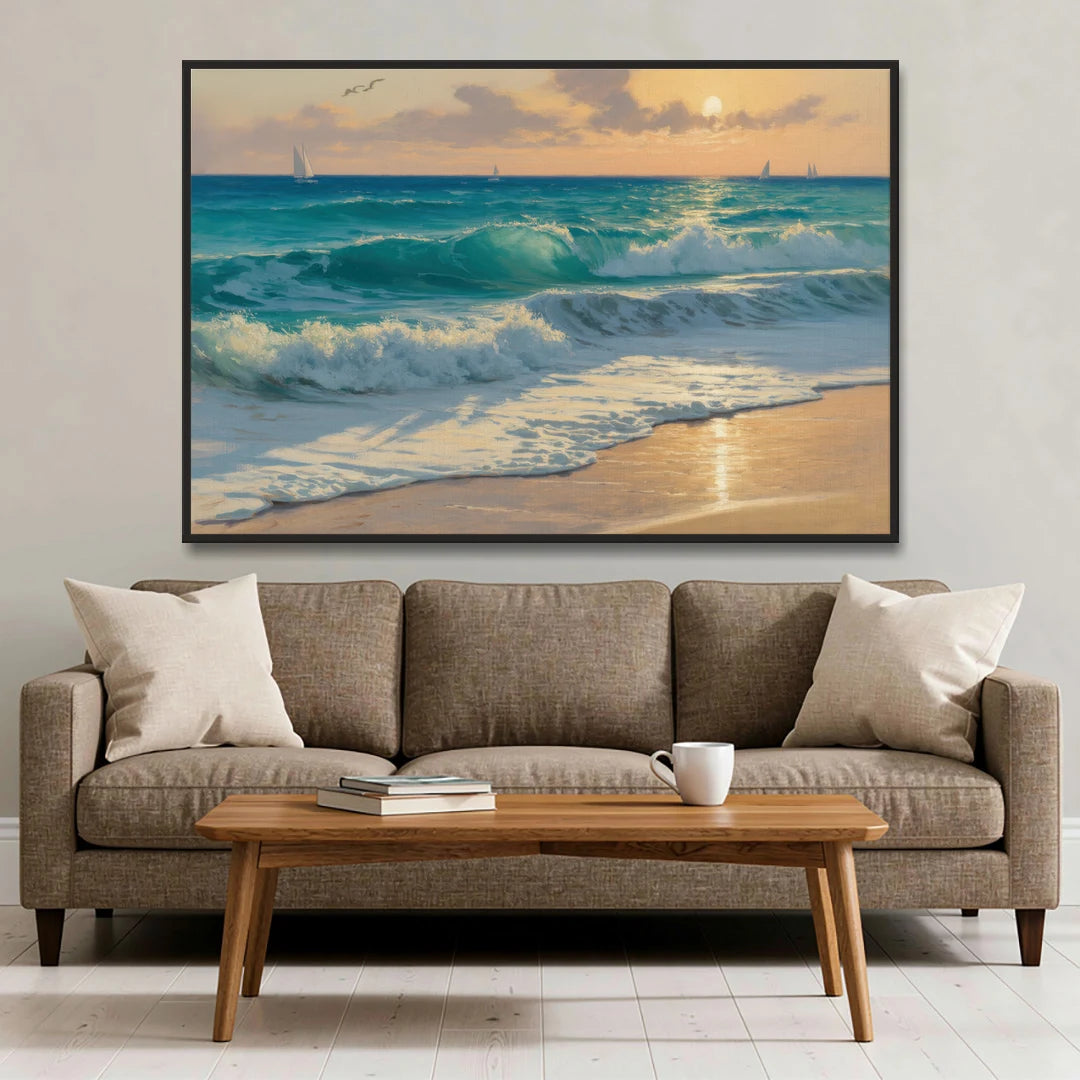 Playa Chac Mool Waves - Black Framed Canvas Wall Art - Sofa - 60x40