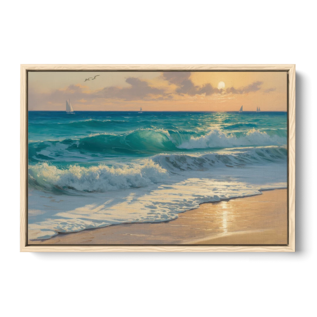 Playa Chac Mool Waves - Oak Framed Canvas Wall Art - Front