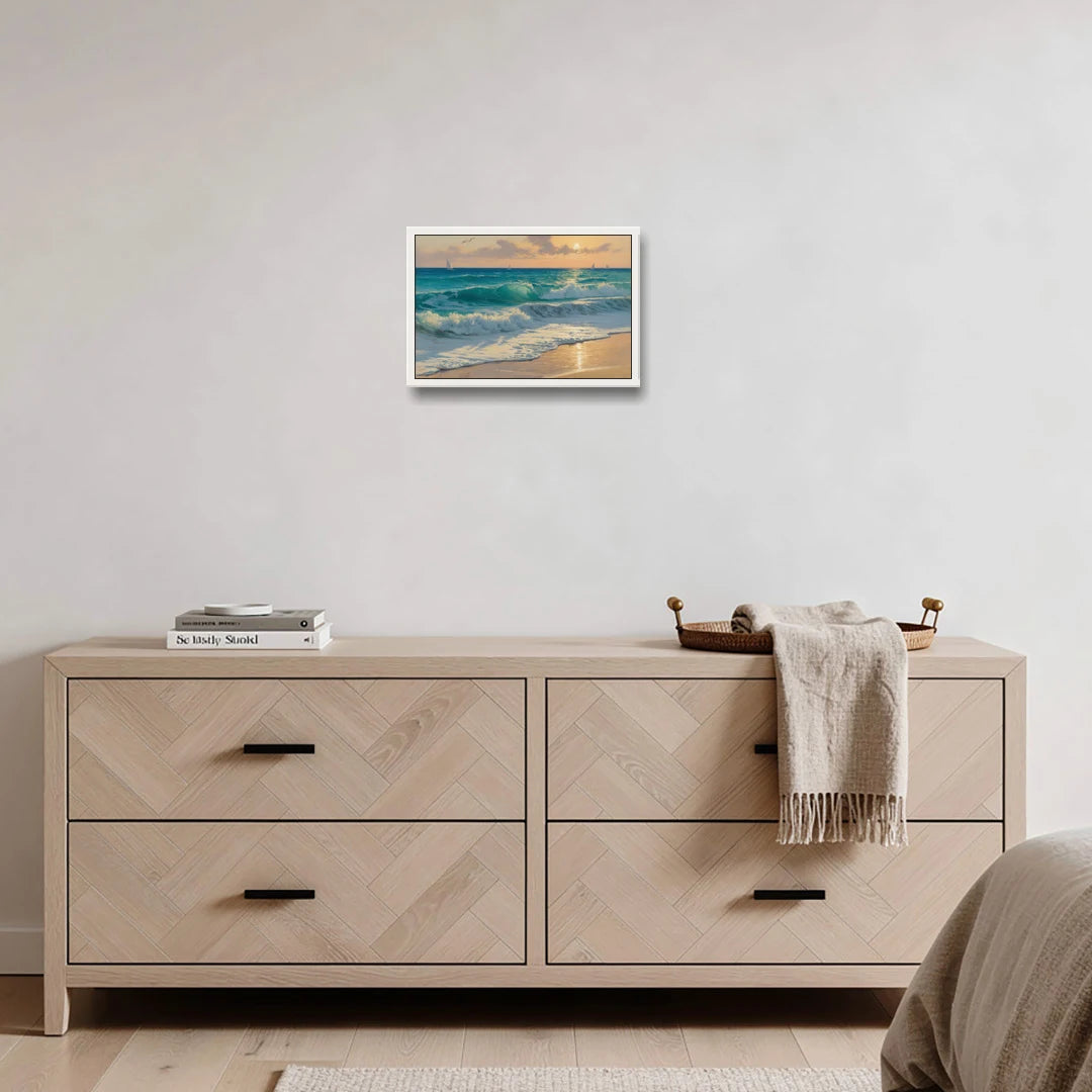 Playa Chac Mool Waves - White Framed Canvas Wall Art - Coffee Table - 18x12