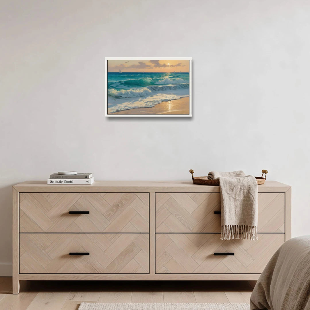 Playa Chac Mool Waves - White Framed Canvas Wall Art - Coffee Table - 24x16