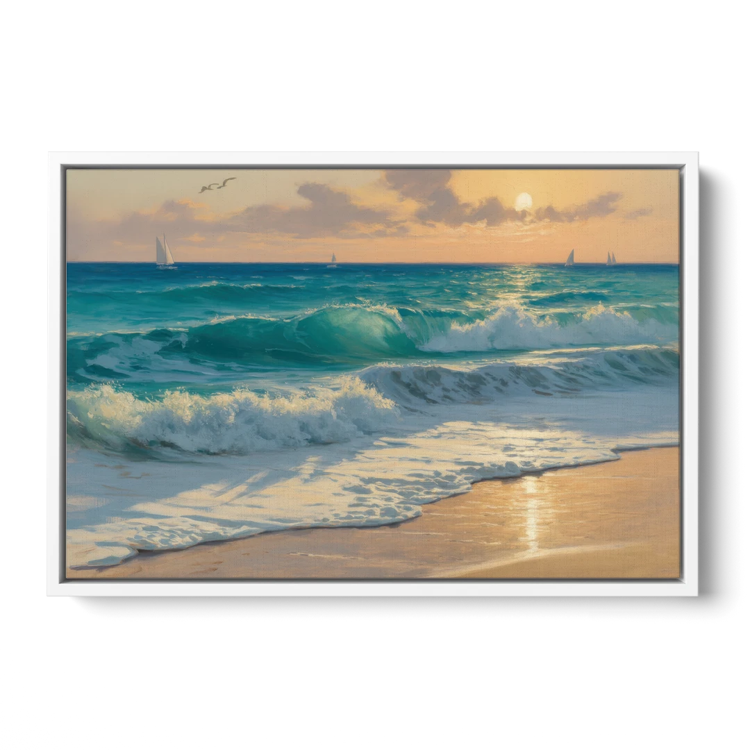 Playa Chac Mool Waves - White Framed Canvas Wall Art - Front