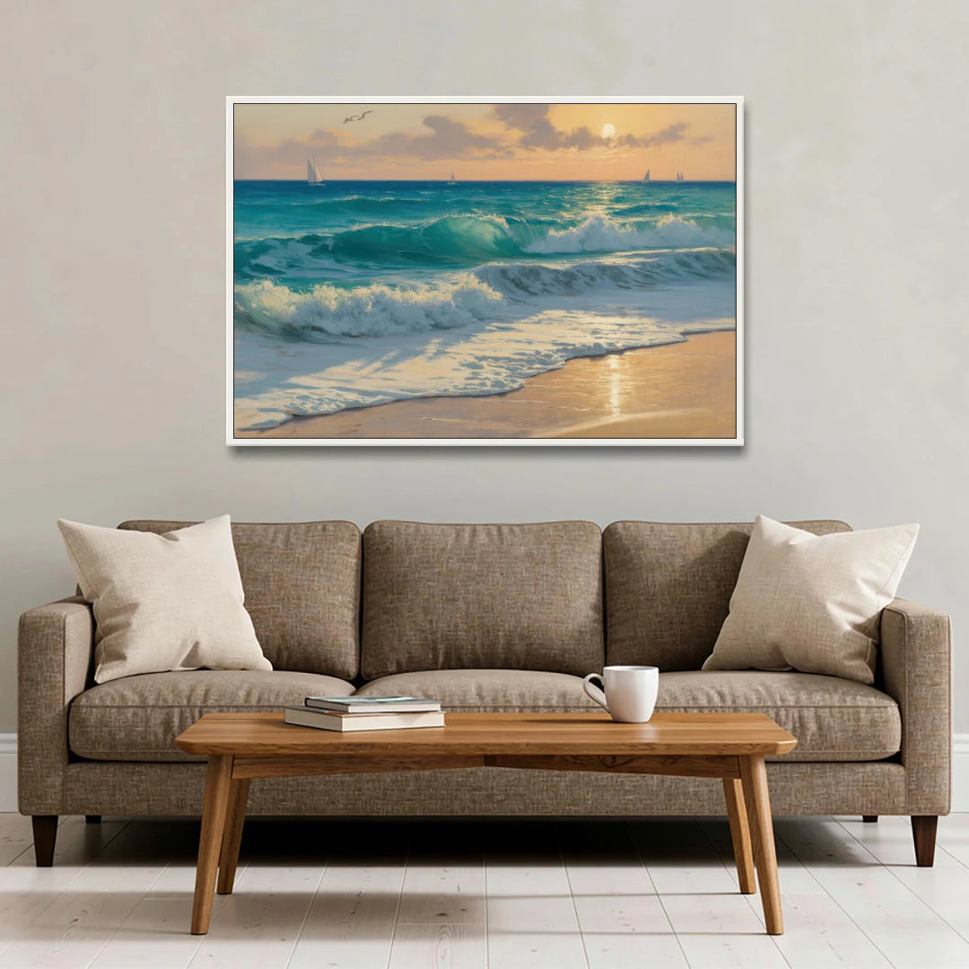 Playa Chac Mool Waves - White Framed Canvas Wall Art - Sofa - 48x32