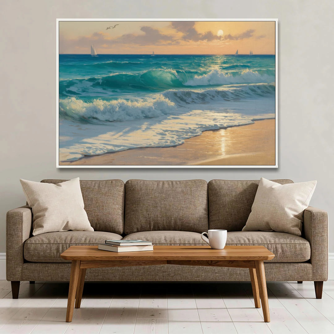 Playa Chac Mool Waves - White Framed Canvas Wall Art - Sofa - 60x40