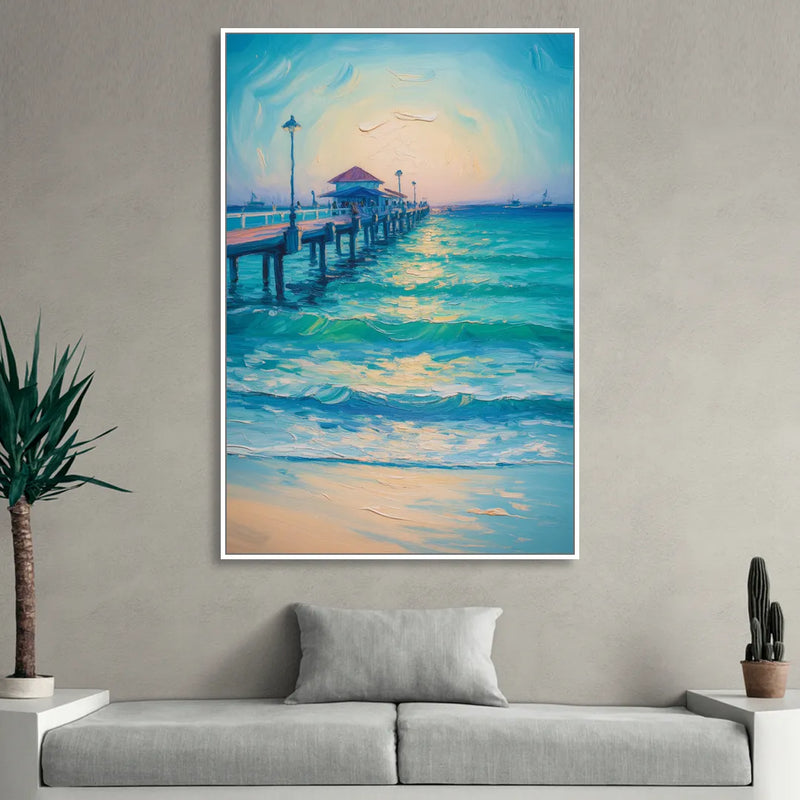 Playa del Carmen Pier Sitting Room - White Canvas Wall Art