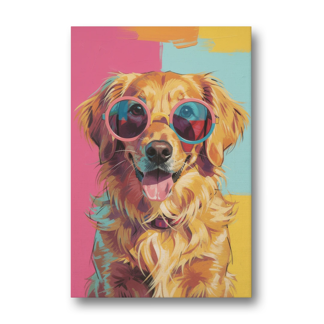 Pop Art Golden Retriever in Rose Sunglasses - Canvas Wall Art - Front