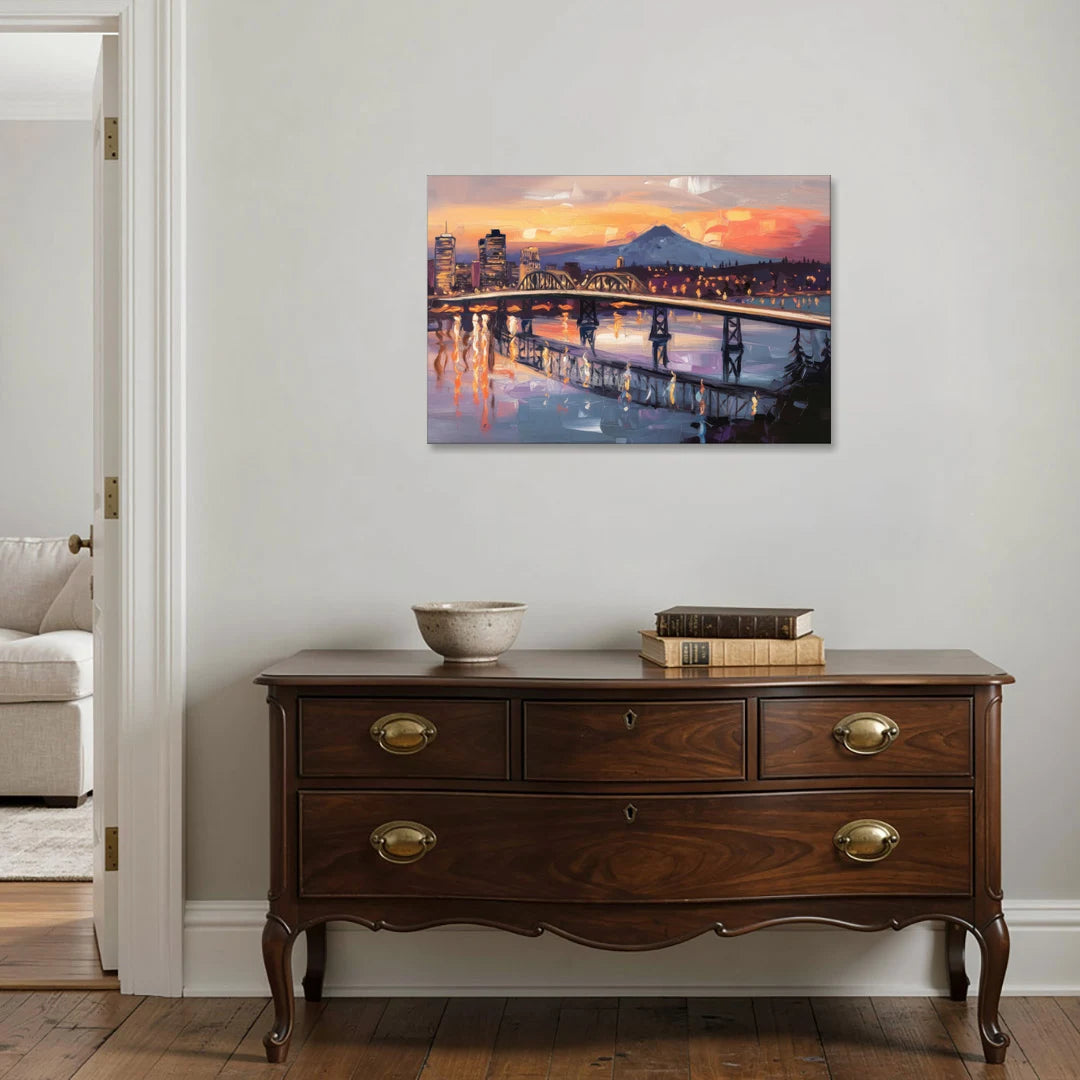 Portland Cityscape At Dusk - Canvas Wall Art - Coffee Table - 36x24