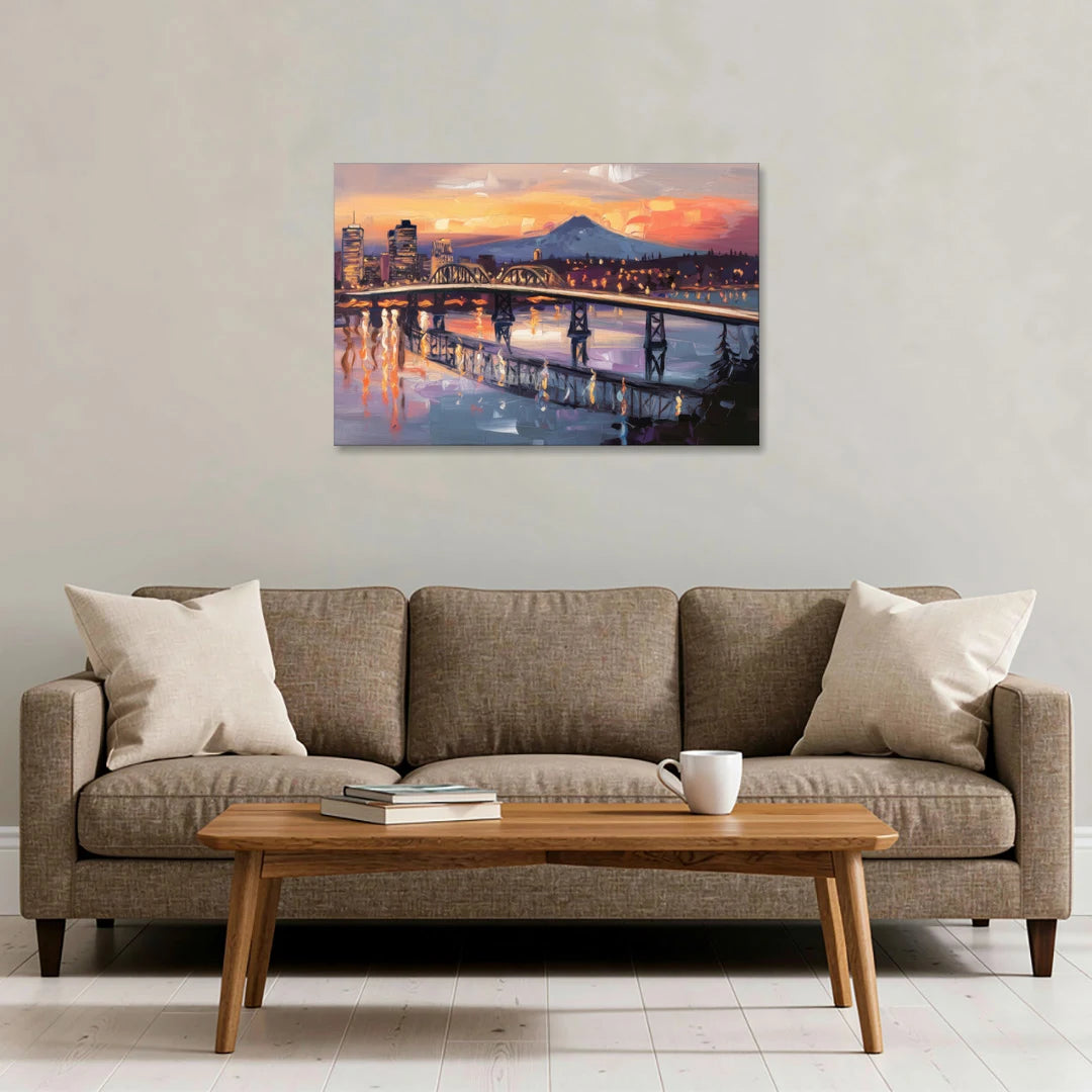Portland Cityscape At Dusk - Canvas Wall Art - Sofa - 36x24