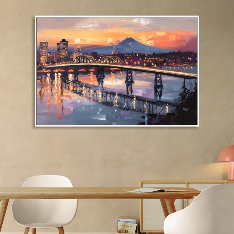Portland Cityscape At Dusk Sitting Room - White Canvas Wall Art