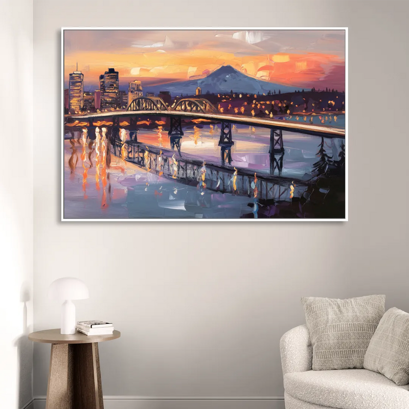 Portland Cityscape At Dusk Living Room - White Canvas Wall Art