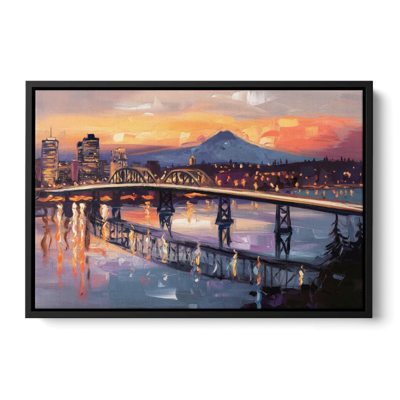 Portland Cityscape At Dusk Front - Black Canvas Wall Art