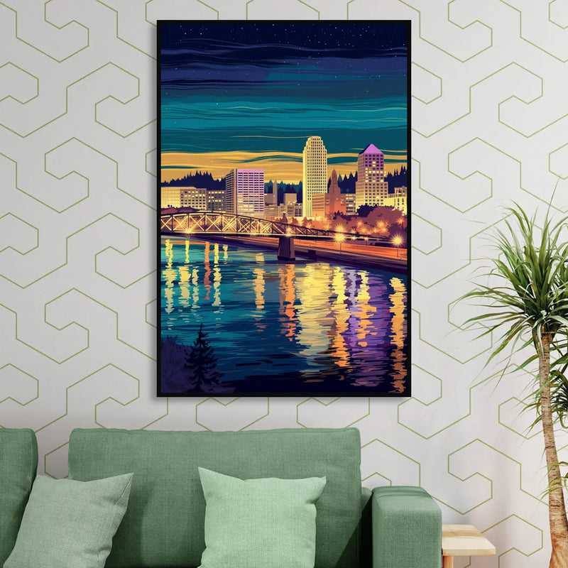 Portland Downtown Lights Living Room - Black Canvas Wall Art