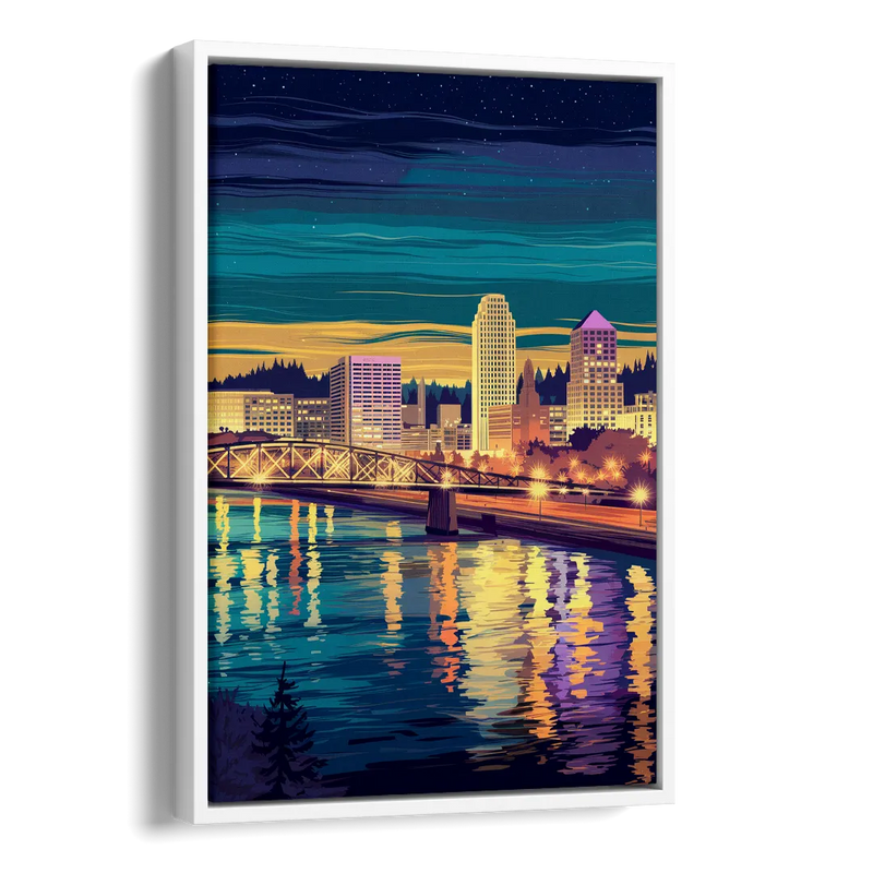 Portland Downtown Lights Side - White Canvas Wall Art