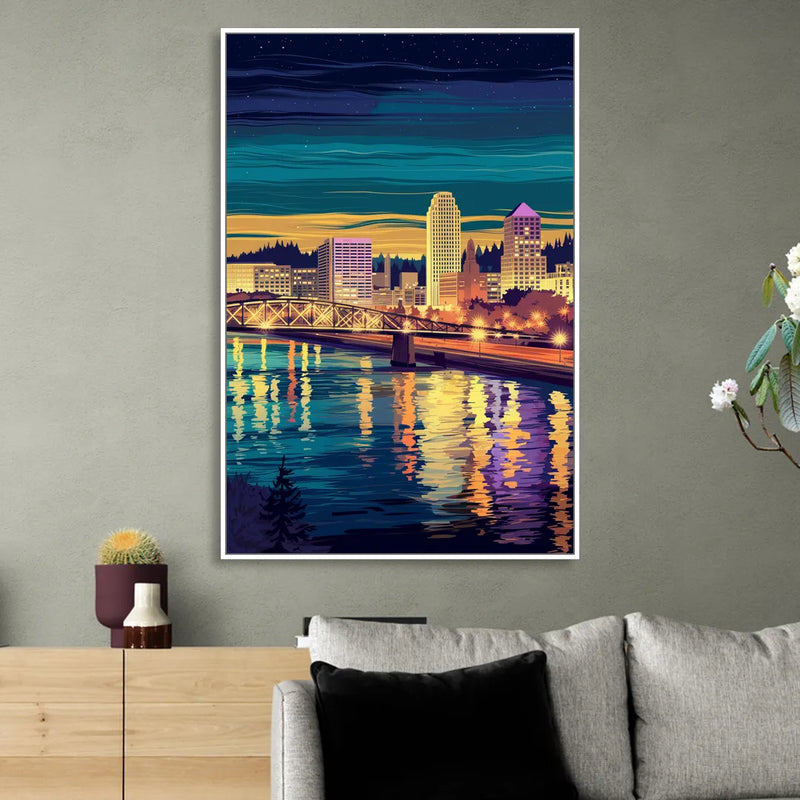 Portland Downtown Lights Living Room - White Canvas Wall Art