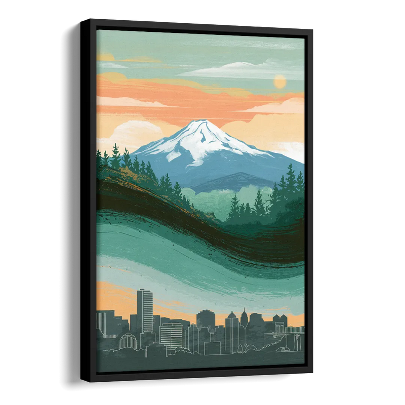 Portland Mount Hood View Side - Black Canvas Wall Art