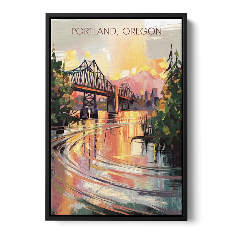 Portland Oregon Riverfront Front - Black Canvas Wall Art