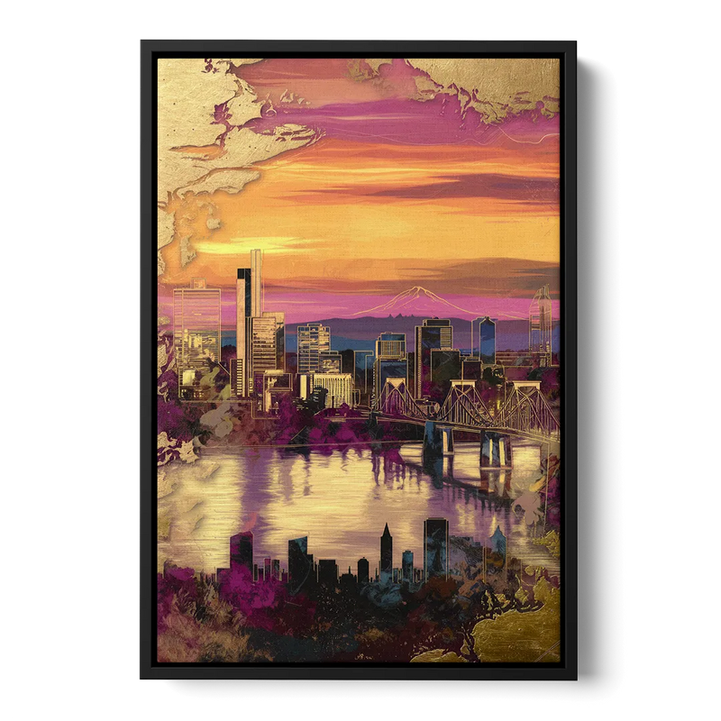 Portland Skyline Sunset Front - Black Canvas Wall Art
