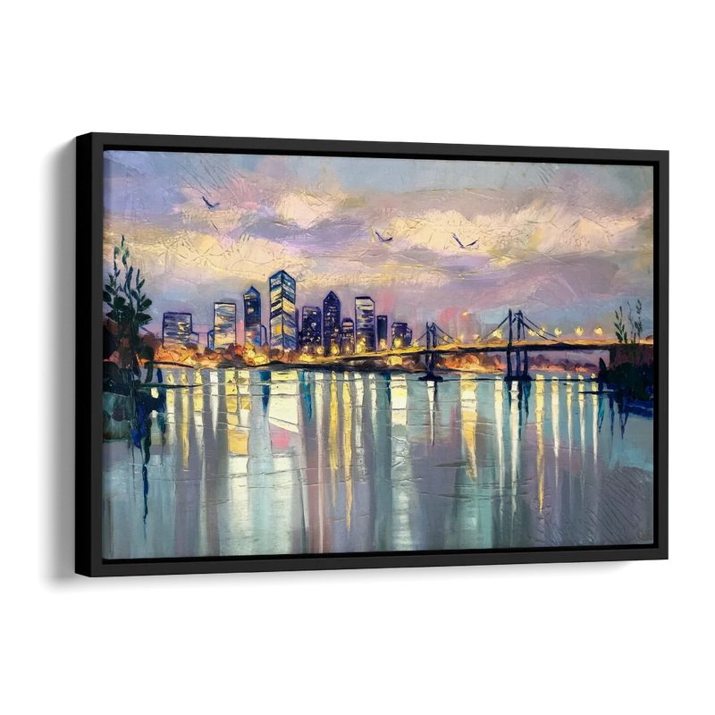 Portland Waterfront Reflection Side - Black Canvas Wall Art