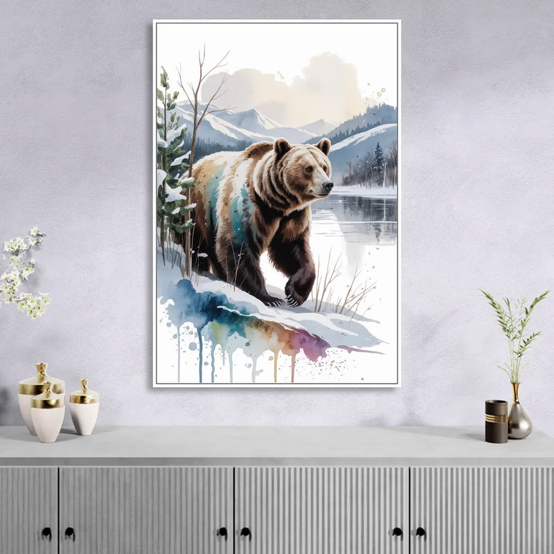 Pristine Winter Bear Landscape Living Room - White Canvas Wall Art