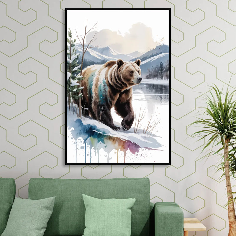 Pristine Winter Bear Landscape Sitting Room - Black Canvas Wall Art