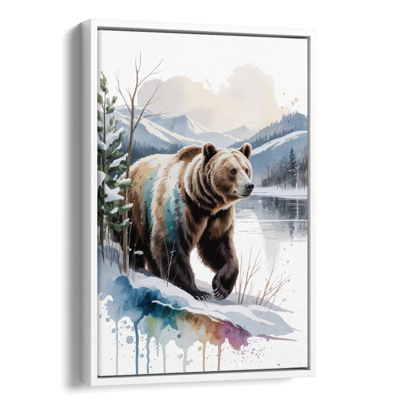 Pristine Winter Bear Landscape Side - White Canvas Wall Art