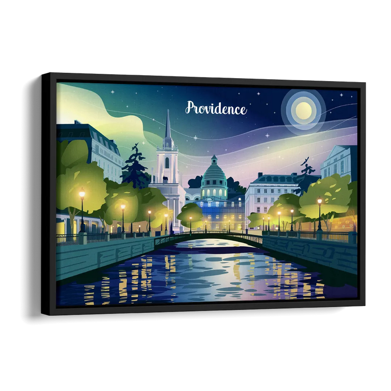 Providence Night Lights Side - Black Canvas Wall Art