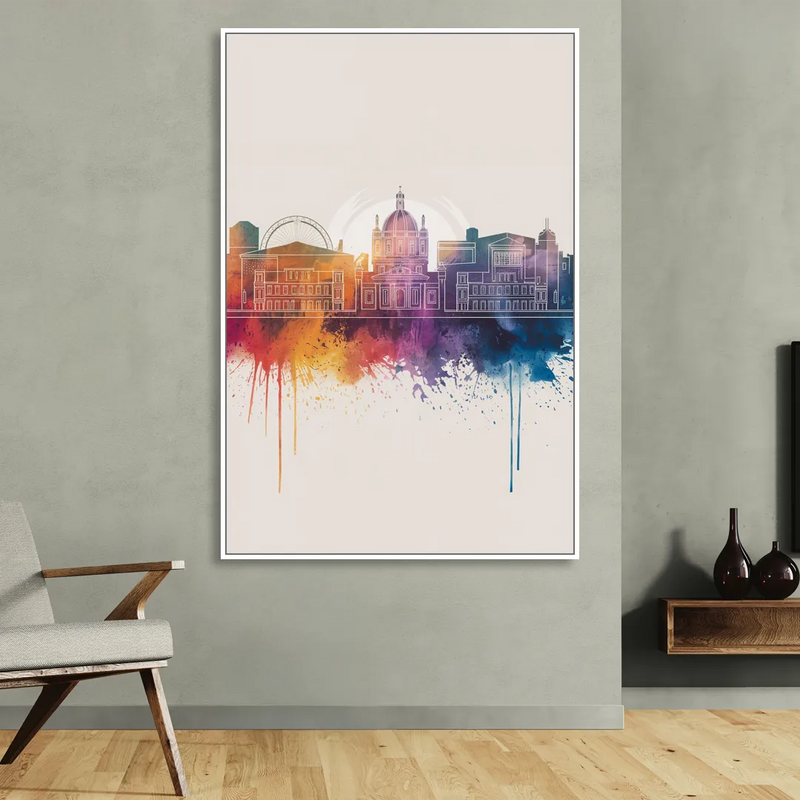 Providence Skyline at Sunset Living Room - White Canvas Wall Art