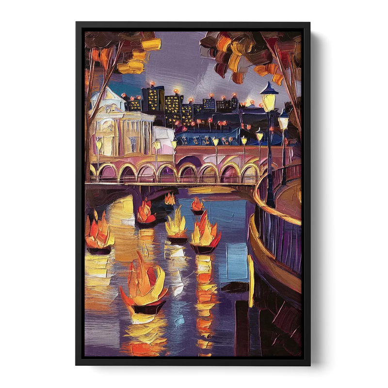 Providence Waterfire Glow Front - Black Canvas Wall Art