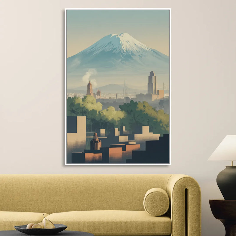 Puebla Volcano Skyline Sitting Room - White Canvas Wall Art