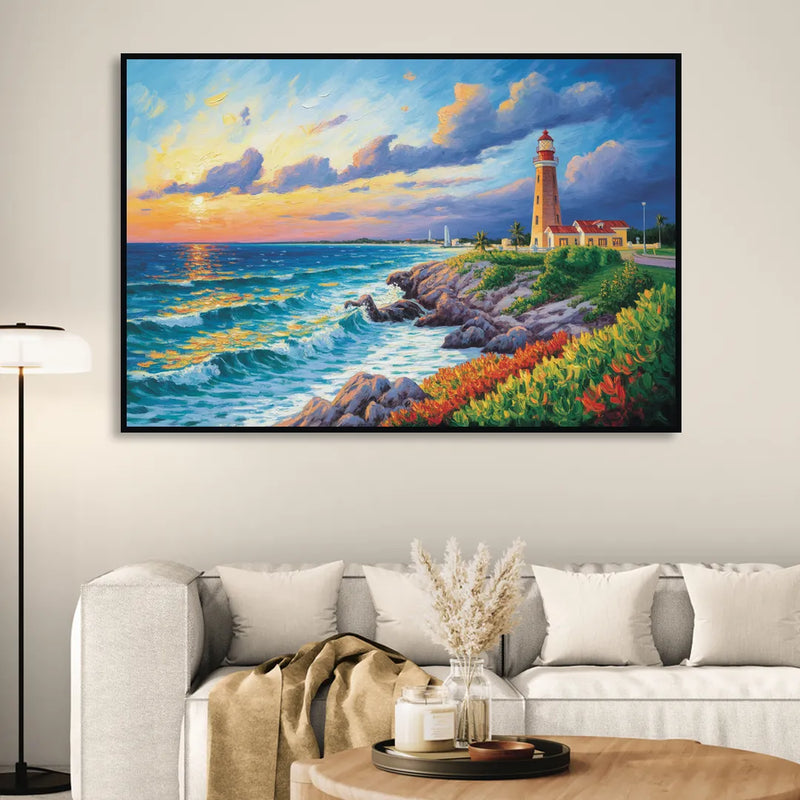 Punta Cancún Lighthouse Sitting Room - Black Canvas Wall Art