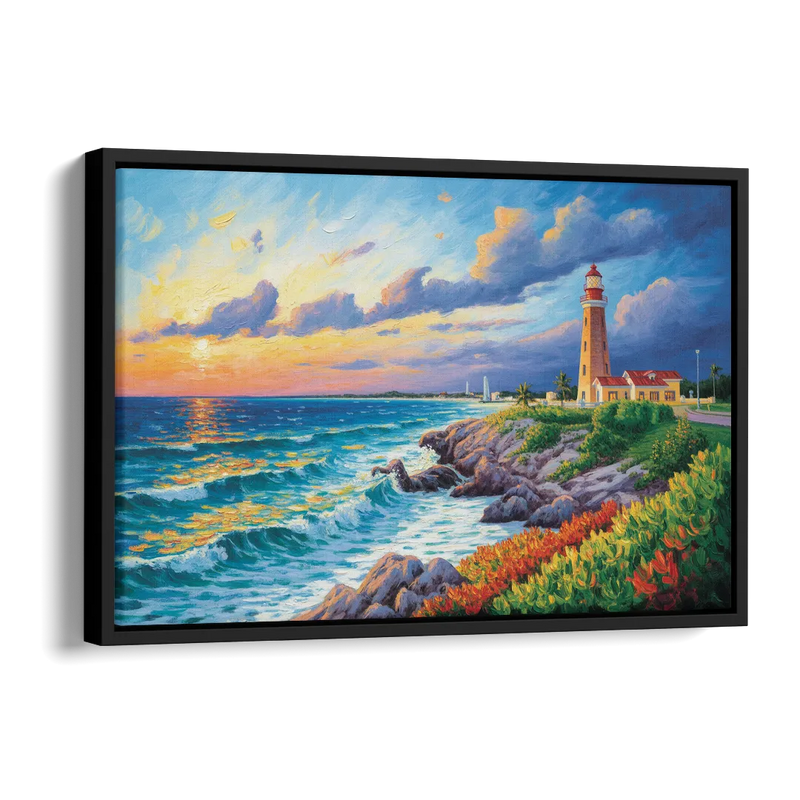 Punta Cancún Lighthouse Side - Black Canvas Wall Art