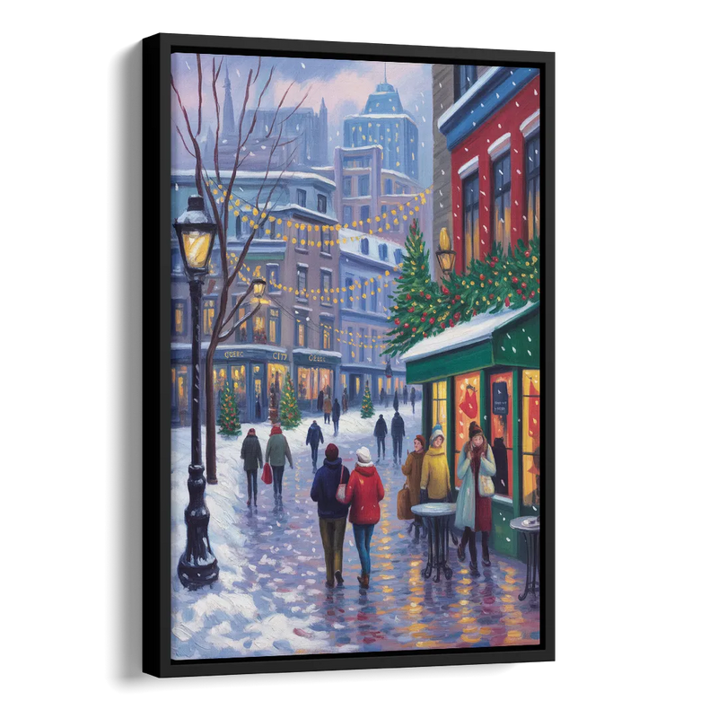 Quebec City Christmas Lights Side - Black Canvas Wall Art